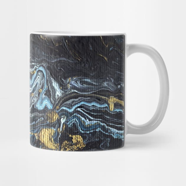 Liquid art. Abstract black-blue-gold background with hand-painted marble texture. Best for the print, fabric, poster, wallpaper, cover and packaging, wrapping paper. Christmas holiday mood. by Olesya Pugach